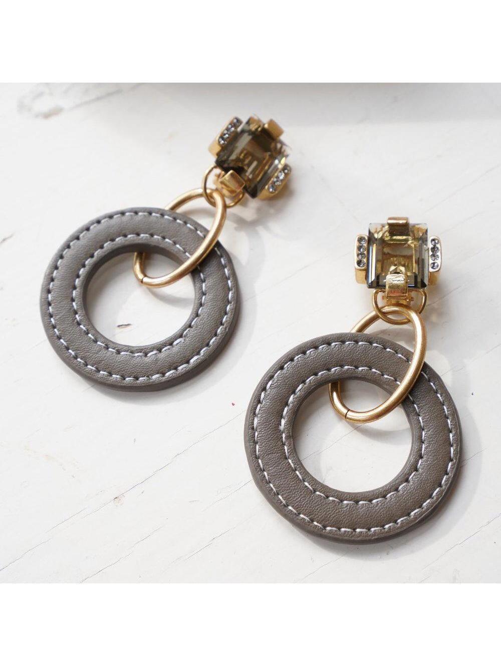 M.Chaude Glass Crystal Leather Hoop Drop Clip On Earrings